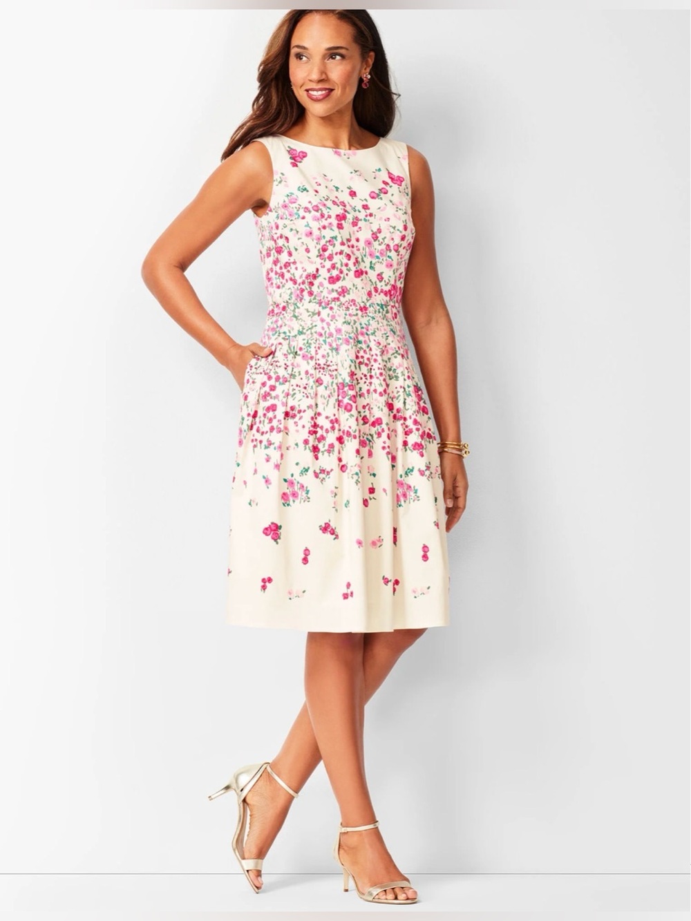 Talbots Floral Fit & Flare Sleeveless Dress Ivory Pink Roses Size 6